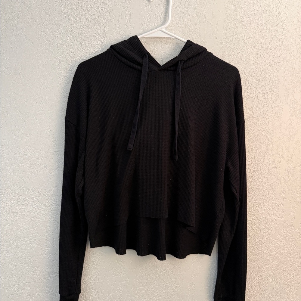 Black Cropped Waffle Knit Hoodie